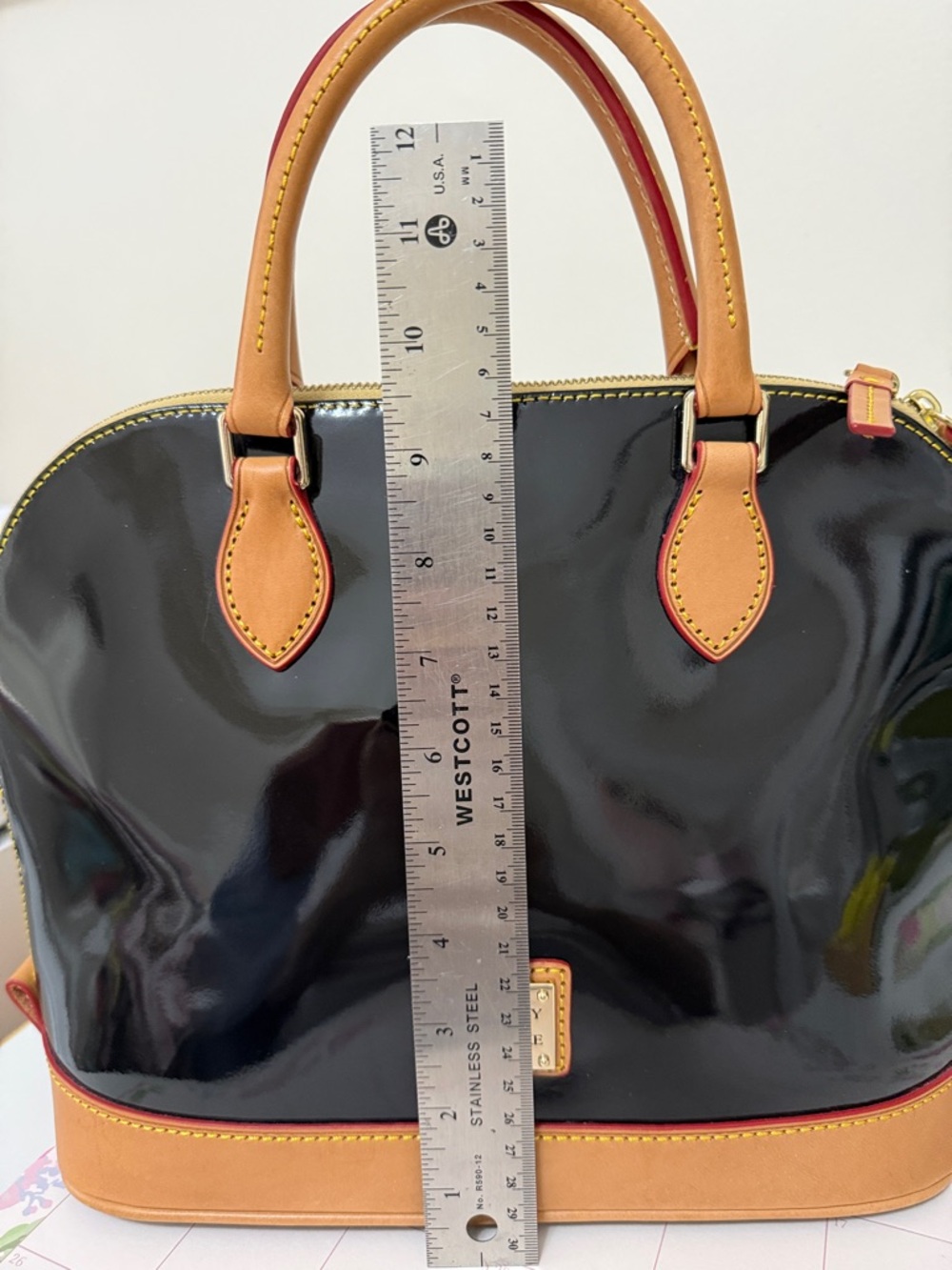 Dooney & Bourke Black Patent Satchel with Tan Trim - Picture 7 of 10